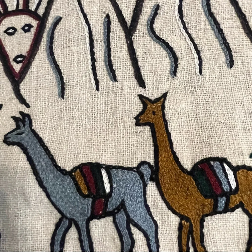 Peru Crewel Needlework Embroidered Wall Hanging Art Work Story Tapestry 35 x 21